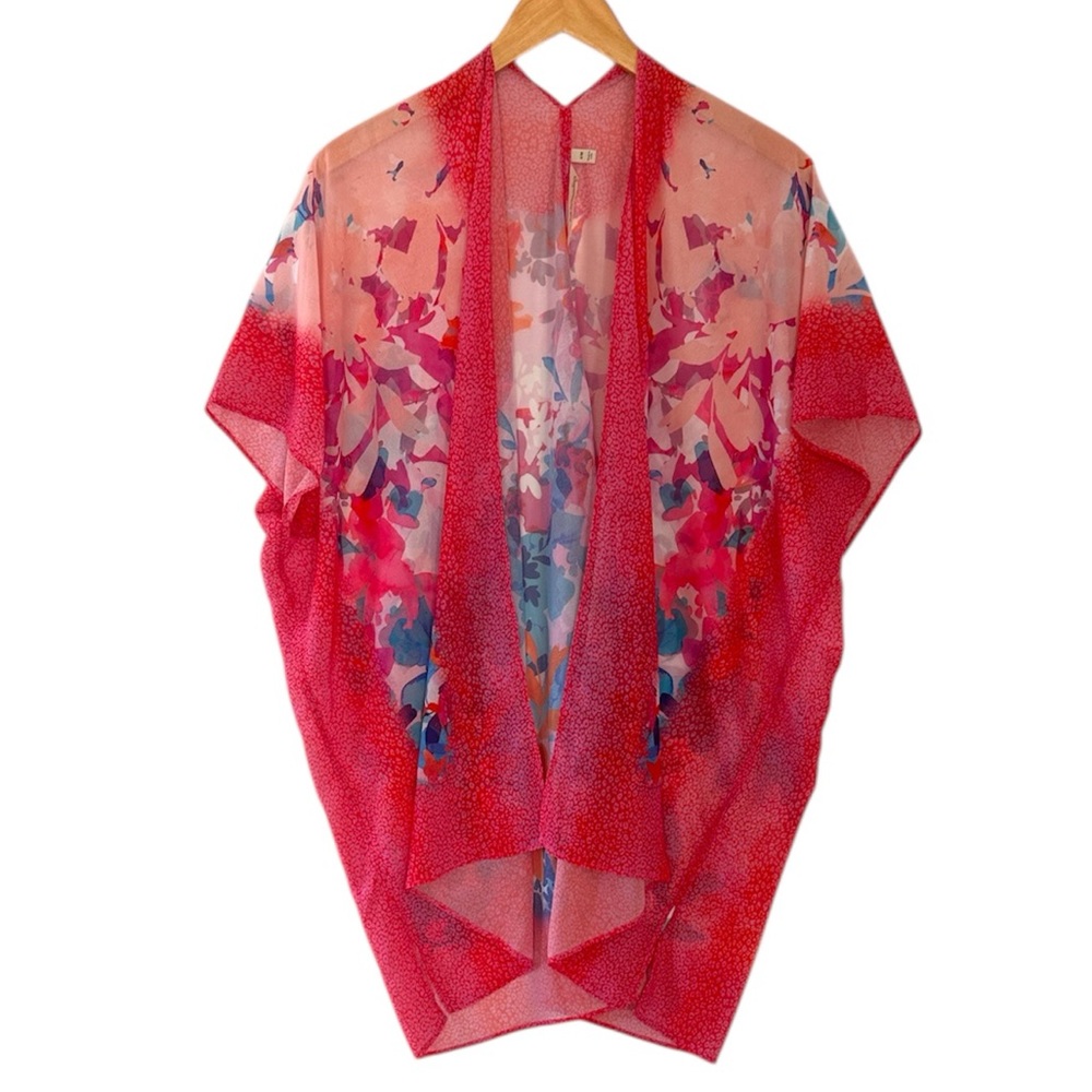 Soft Surroundings Pink Red Floral Sheer Kimono
